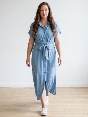 Cupshe Light Blue Shimmery Tie Waist Shirt Dress Collared L